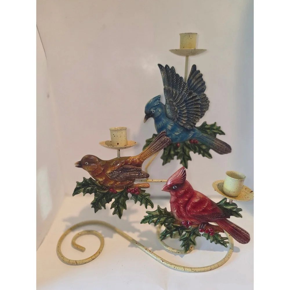 Vintage Metal Bird Candelabra Cardinal Blue Jay Sparrow Candle Holder & Frame